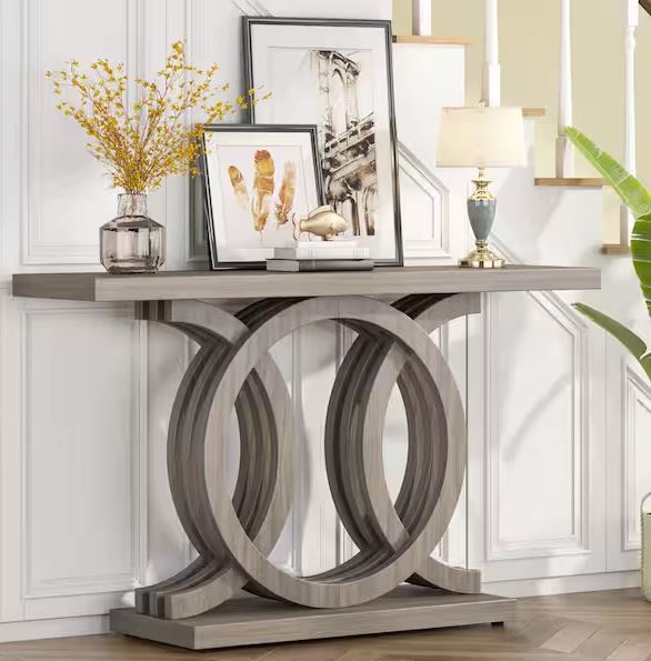 Photo 1 of ***MINOR DAMAGE, SCUFFS/SCRATCHES*** Catalin 55 in. Gray Rectangular Wood Console Table with Geometric Base