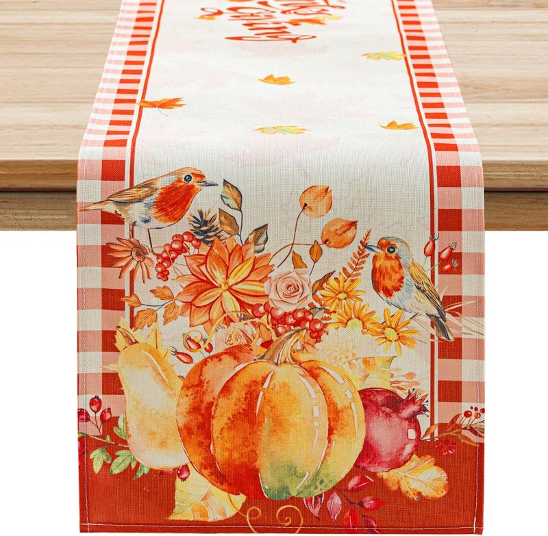 Photo 1 of Autumn Thanksgiving Table Runner Linen Pumpkin Maple Dining Table Decoration Indoor Outdoor Tablecloth for Holiday Decor Thanksgiving Table Runner https://a.co/d/j5bLRA4