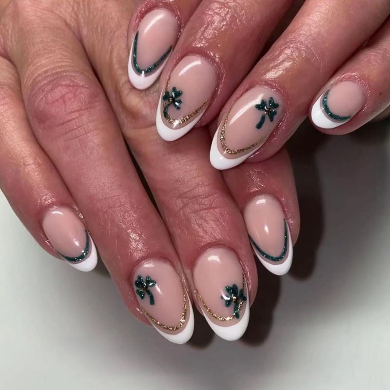 Photo 1 of 24 Pcs White French Press on Nails Short Almond Fake Nails Nude Pink False Nails with Clover Designs Glitter Full Cover Stick on Nails Artificial Nails for Women Girls St Patricks Day Nails https://a.co/d/cnlE1kQ