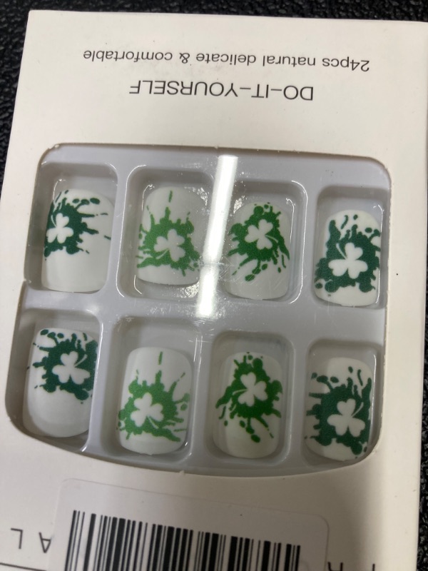 Photo 2 of 24PCS St. Patrick's Day Press on Nail Green Shamrocks Fake Nails Short Square Acrylic Nails White Matte False Nails Ireland Cute Glue on Nails Artificial for Women and Girls Nail Decorations https://a.co/d/2C6nbmW