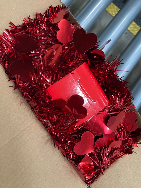 Photo 2 of 66 FT Valentine Heart Tinsel Garland 2 Strings Red Valentines Heart Tinsel Garland Twist Metallic Hanging Garland Valentine's Day Tree Indoor Outdoor Wedding Valentine Decorations