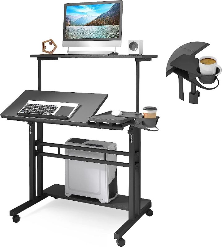 Photo 1 of Mobile Standing Desk, Adjustable Rolling Computer Desk with 3 Desktops, Portable Laptop Table with Desk Cup Holder, Home Office Laptop Workstation on Lockable Wheels, Black