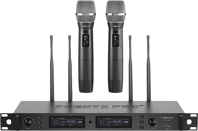 Photo 1 of *** made for Karaoke System*** Phenyx Pro Wireless Microphone System, True Diversity Dual Cordless Microphone Set, Professional UHF Handheld Wireless Microphones w/Auto Scan, 2x1000 Channels, 328ft for Stage & Studio (PTU-2U)