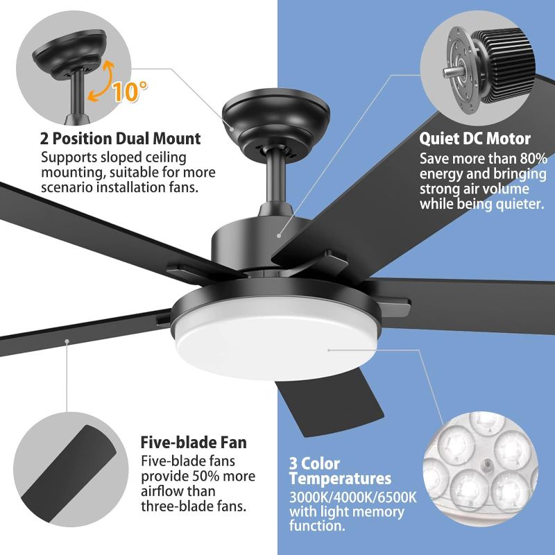 Photo 1 of Ceiling Fans with Lights, 52 Inch Ceiling Fan with Lights and Remote Control, Modern Black Ceiling Fan with Light for Living Room