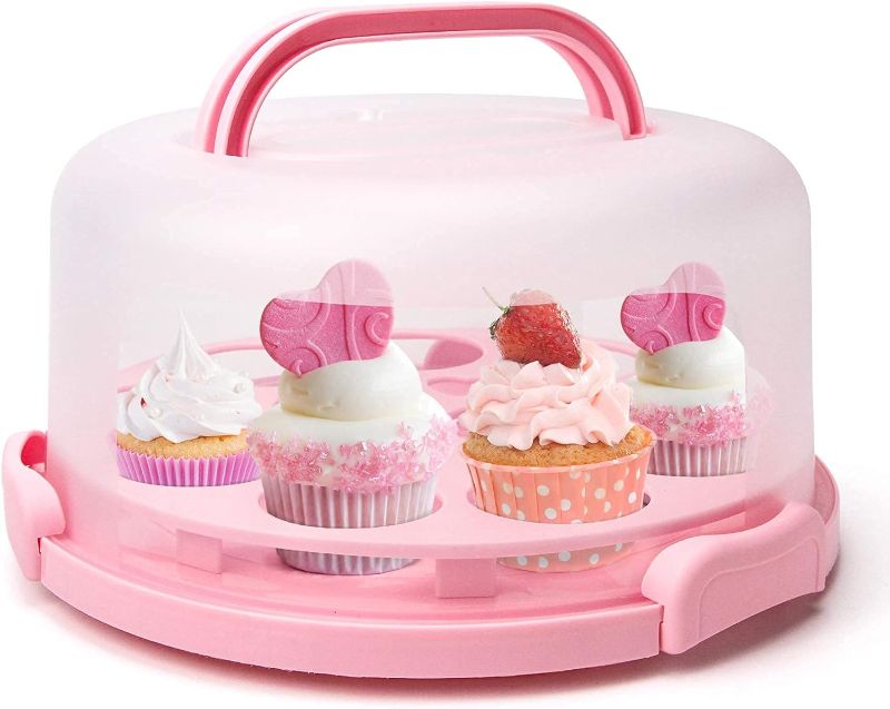 Photo 1 of  Portable Cake Carrier with Handle, Round Cupcake Holder with Lid, Plastic Storage Container Box fit 10 inch Cake, 3-Locking Muffin and Pies Keeper with Cover (Pink) ***** HANDLE BROKEN *****