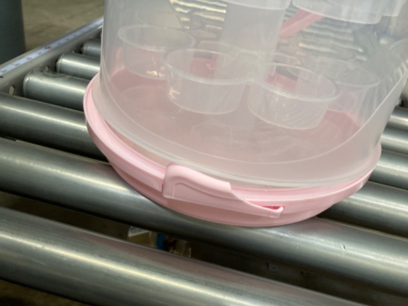 Photo 2 of  Portable Cake Carrier with Handle, Round Cupcake Holder with Lid, Plastic Storage Container Box fit 10 inch Cake, 3-Locking Muffin and Pies Keeper with Cover (Pink) ***** HANDLE BROKEN *****