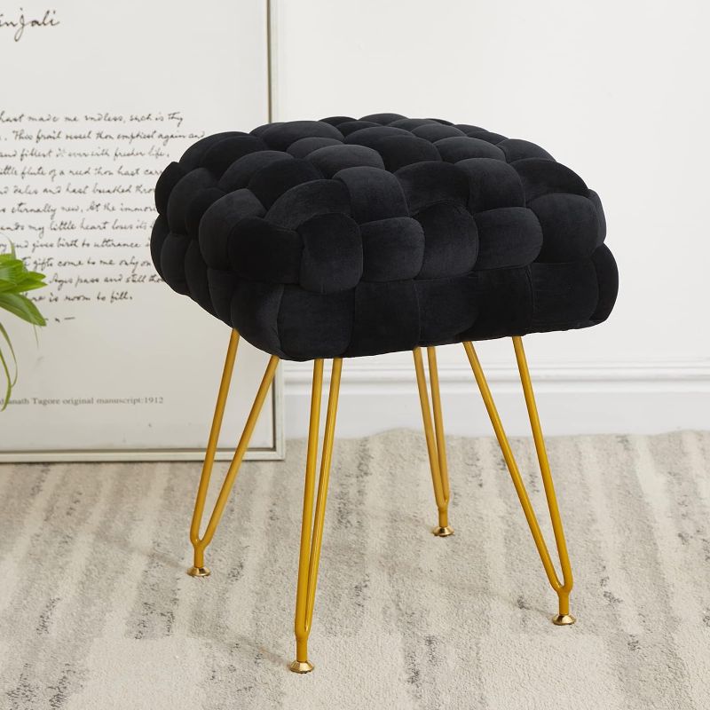 Photo 1 of Square Velvet Vanity Stool, Upholstered Ottoman Foot Rest with Adjustable Metal Legs, Makeup Ottoman for Bedroom, Dressing Room, Living Room, Black
