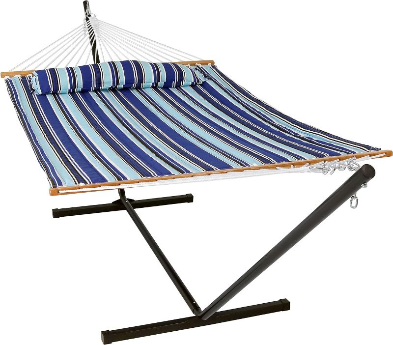 Photo 1 of ***FOR PARTS*** Sunnydaze Double Quilted Fabric Hammock with 12-Foot Stand and Pillow - 350-Pound Capacity - Black Stand - Catalina Beach
