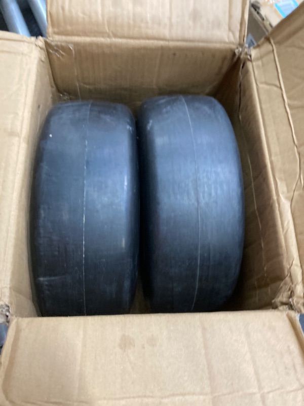 Photo 2 of 2 PCS Upgrade 13x5.00-6" Flat Free Lawn Mower Smooth Tire, Commercial Grade Lawn and Garden Mower Turf Replacement Solid Tire and Wheel with Steel Rim, 3/4" Grease Bushing and 3.25"-5.9" Centered Hub