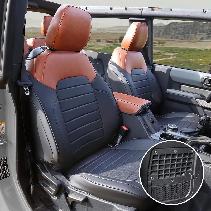 Photo 1 of Mabett 2-Door Seat Covers Protector with Backrest and Armrest for Ford Bronco Accessories 2021 2022 2023 2024, PU Leather fit Seat Back with Molle Panel (Brown and Black), Black & Brown 2-Door Brown and Black