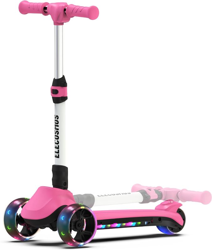 Photo 1 of ***MISSING CHARGER*** Elecosmos Easy Balance Electric Scooter for Kids Ages 4-12, Flashing Deck & 2 Light Up Wheels, 3 Heights Adjustable, 5 MPH Safe Speed, Super Lightweight Kick Scooter for Kids pink