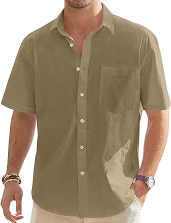 Photo 1 of Runcati Mens Cotton Linen Shirts Short Sleeve V Neck Button Down Casual Summer Beach Shirt Medium White