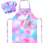 Photo 1 of  3 pack similar photo   MHJY Kids Apron and Chef Hat Set, Child Aprons for Cooking Baking Painting Cute Toddler Girls Apron with Pockets,Blue Purple,Small (3-7 Years)