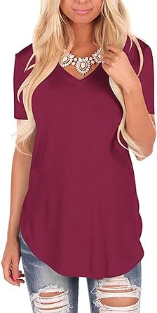 Photo 1 of OPOIPIN Women's Summer V Neck Loose Fit Curved Hem Short Sleeve T-Shirt Tunic Top
size small