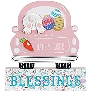 Photo 1 of  4 pack Easter Decorations, DECSPAS Wood Pink Truck Block Easter Decor, Easter Bunny Eggs Carrots Elements Easter Decorations Indoor, BLESSINGS Sign Easter Decorations for the Home, Table, Mantel, Shelf