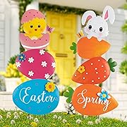 Photo 1 of 2 Pack Spring Yard Signs Decorations Outdoor, Stacked Metal Spring Garden Stakes, Decorative Eggs Bunny Spring Yard Stakes Spring Chick Carrot Lawn Signs for Outside Lawn Patio Sidewalk