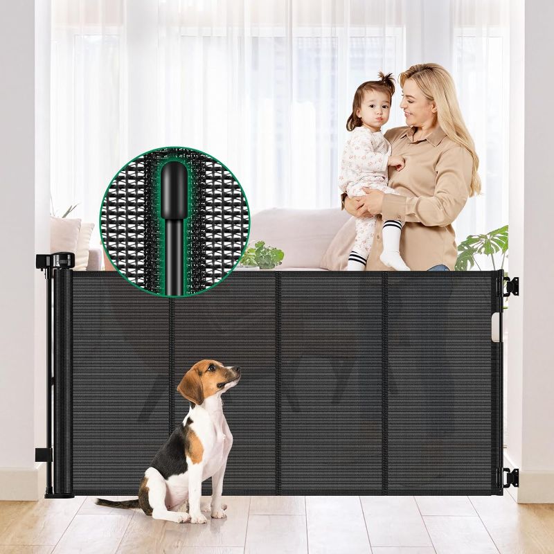 Photo 1 of Retractable Baby Gate for Stairs 50" Retractable Dog Gate Outdoor Gates for Decks Child Gate Indoor Stair Gates for Kids or Pets Mesh Baby Gate Retractable Pet Gate for Stairs, Doorways, Porch, Black Black (35" Tall x 50" Wide)