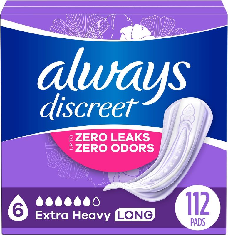 Photo 1 of Always Discreet Adult Incontinence Pads for Women and Postpartum Pads, Extra Heavy Long, up to 100% Bladder Leak Protection, 112 Count (Packaging May Vary)