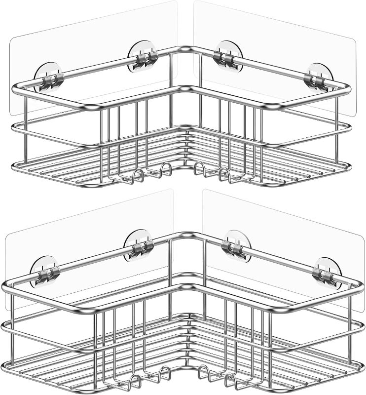 Photo 4 of Adhesive Corner Shower Caddy Organizer Shelf Shelves with Hooks, Shampoo Holder,2 Pack, Silver