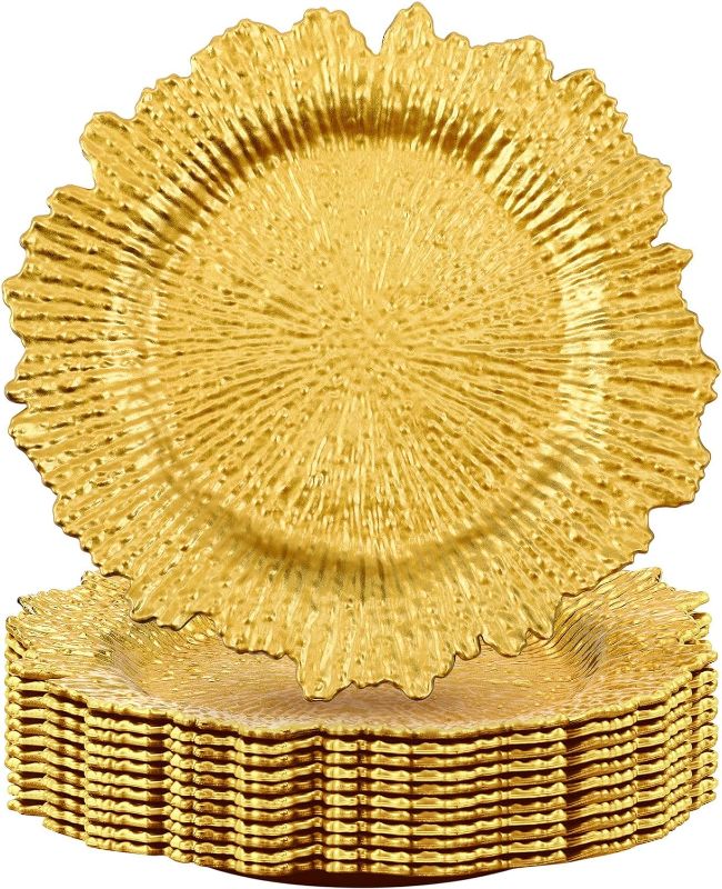 Photo 1 of 100 Pcs Reef Charger Plates Bulk 13 Inch Plastic Wedding Chargers Decor Floral Decorative Charger Plates Metallic Ruffled Rim Charger Plates for Wedding Party, Holiday Event Supplies (Gold)