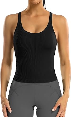 Photo 1 of ATTRACO Women Ribbed Workout Crop Tops with Built in Bra Yoga Racerback Tank Top Tight Fit