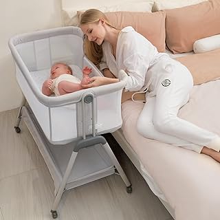 Photo 1 of ANGELBLISS Baby Bassinet Bedside Sleeper, Easy Folding Portable Bassinet for Baby with Wheels, Adjustable Height, Included Mattress (Beige)