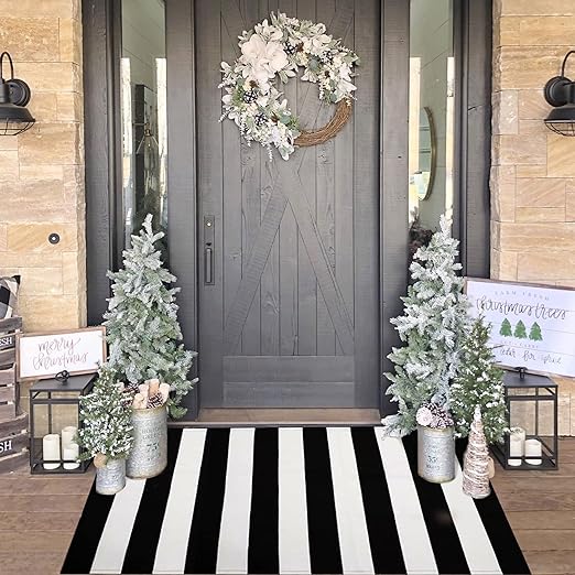 Photo 1 of Black and White Striped Rug - 3' × 5' Hand-Woven Cotton Indoor/Outdoor Washable Layered Doormat for Front Door, Farmhouse, Entryway, Patio
