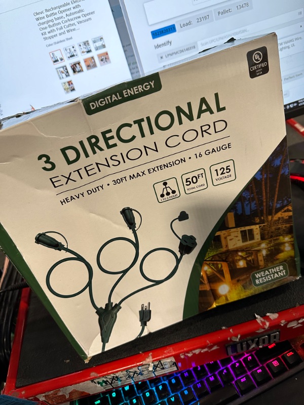 Photo 2 of 3 Direction 50 Ft Extension Cord 1 to 3 Splitter Multi Outlet Weatherproof SJTW 16AWG Wire, 30ft Reach End to Plug, Indoor Outdoor, Landscaping, Christmas Trees and Lighting, UL Listed 20FT+10FT(x3)