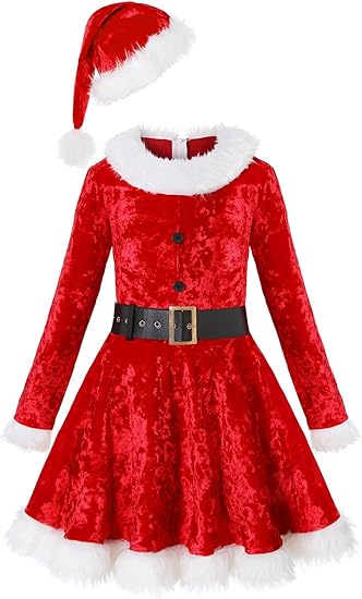 Photo 1 of Forfamy Girls Christmas Mrs. Santa Claus Costume Red Velvet Hoodie Dress Long Sleeves with Belt, Xmas Dress Up Party Outfit 140