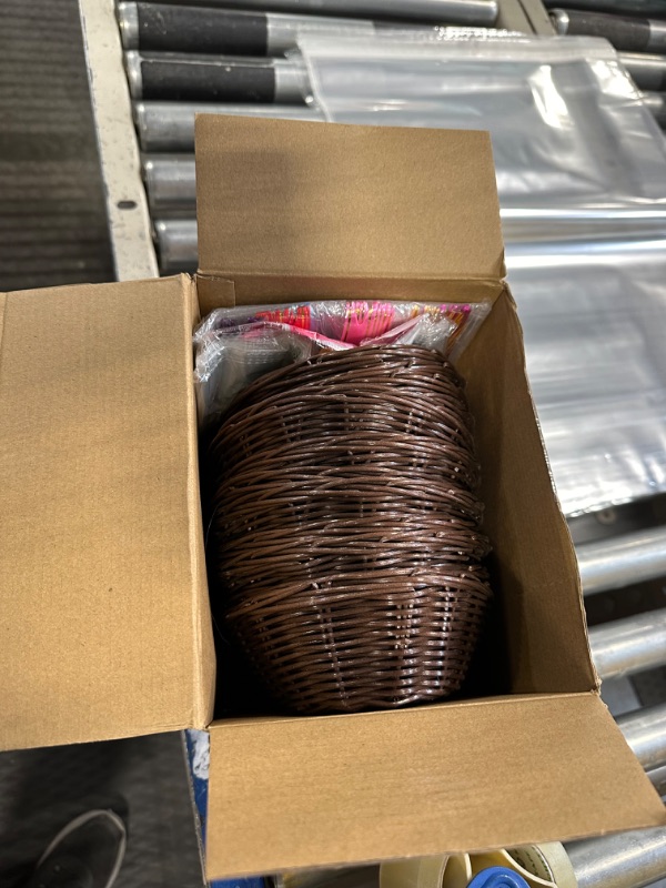 Photo 1 of 12 Pieces Oval Basket Food Storage Basket Woven Empty Basket Fruit Basket Gift Baskets with 60 Colorful Pull Bows and 30 Clear Gift Bags for Kitchen, Restaurant (Dark Brown, 9 x 6 x 2.24 Inches) Dark Brown 9 x 6 x 2.24 Inches
