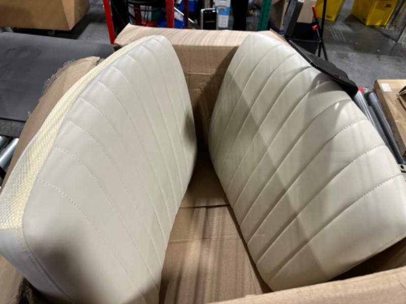 Photo 4 of OLIXIS Criss Cross Chair, Armless Cross Legged Office Desk Chair No Wheels, PU Leather Padded Modern Swivel Height Adjustable Mid Back Wide Seat Computer Task Vanity Chair for Home Office(White Beige) White No Wheels ***USED***CAN BE USE FOR PARTS ONLY***