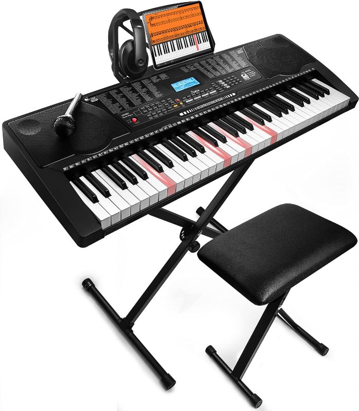 Photo 1 of 61 Key Portable Electronic Keyboard Piano w/Lighted Full Size Keys,LCD,Headphones,X-Stand,Stool,Music Rest,Microphone,Note Stickers,Built-In Speakers,3 Teaching Modes,Ideal for Beginner Adult
