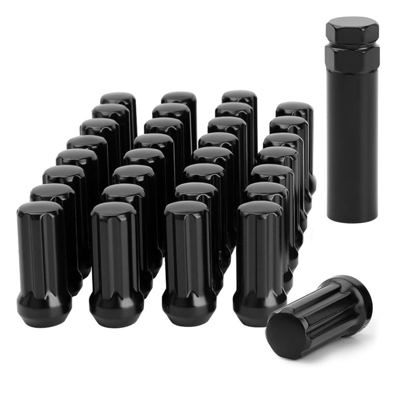 Photo 1 of 9/16-18 Black Spline Lug Nuts, 32pcs 9/16 x18 Aftermarket Wheel 2 inch Closed End Lug Nuts with 1 Socket Key for 2005-2011 Dakota, 2002-2010 Ram 1500, 1994-2011 Ram 2500, 1994-2011 Ram 3500
