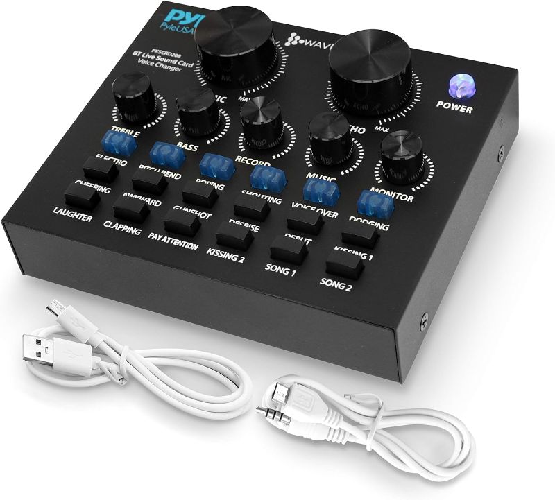 Photo 1 of Pyle PKSCRD208 Bluetooth Mini Audio Interface Podcast Mixer Sound Card - Live Streaming for PC Computer iPhone Broadcasting | Voice Changer V8 with 12 Sound Effects,3 Inputs, Mic Input
