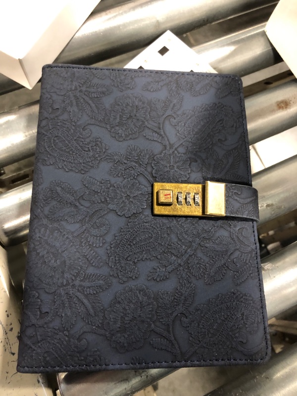 Photo 3 of Vintage 6 Rings Binder Journal Notebook with Lock, A5 Hardcover Flower Secret Password Diary, Refillable Ruled Writing Paper for Women (Dark Blue)