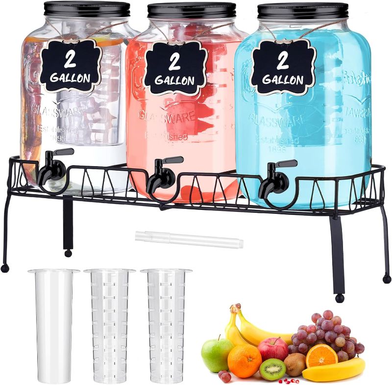 Photo 1 of 3 Pcs 2 Gallon Glass Drink Dispenser with Stand and Lid Mason Jar Beverage Dispenser with Stainless Steel Spigot, Hanging Chalkboard Signs, Fruit Infuse, Ice Cylinder, Liquid Pen (Black)