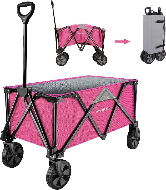 Photo 1 of ***MISSING PIECES*** 
HAUSHOF Heavy Duty Collapsible Wagon, Folding Outdoor Utility Wagon, Camping Garden Beach Cart with Universal Quick Release Wheels, Adjustable Handle, 176 lbs Load Capacity, Pink
