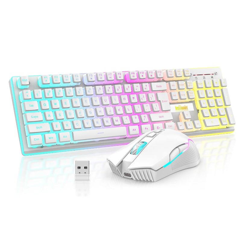 Photo 1 of RedThunder K10 Wireless Gaming Keyboard and Mouse Combo, RGB Backlit Rechargeable 3800mAh Battery, Mechanical Feel Anti-ghosting Keyboard with Pudding Keycaps + 7D 3200DPI Mice for PC Gamer (White) White Pudding