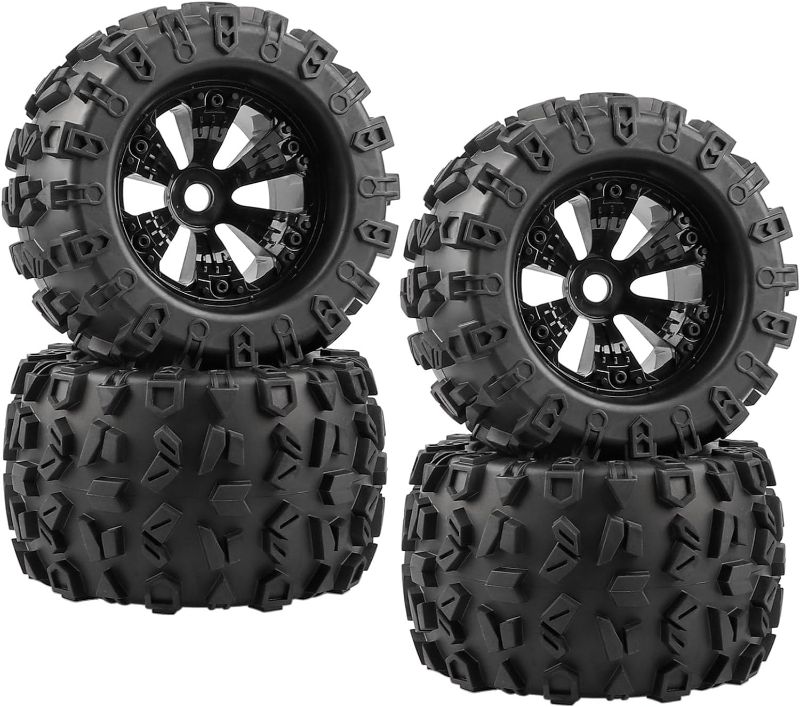 Photo 1 of 4-Pack 1/8 Monster Truck Tires 3.8 Tires Mounted 17mm Hex Solid 6-Spoke Wheels OD 170mm for 1/8 Arrma 6S Traxxas Summit ERveo Redcat HPI JLB Cheetah RC Off-Road Car (Front and Rear)