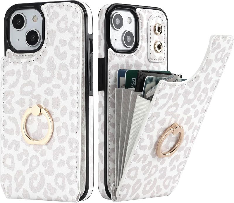 Photo 1 of HAOPINSH for iPhone 13/ iPhone 14 Wallet Case with Card Holder, 360°Rotation Ring Kickstand, White Leopard Cheetah Pattern, RFID Blocking Leather for Girls Women, Double Buttons Flip 6.1"
