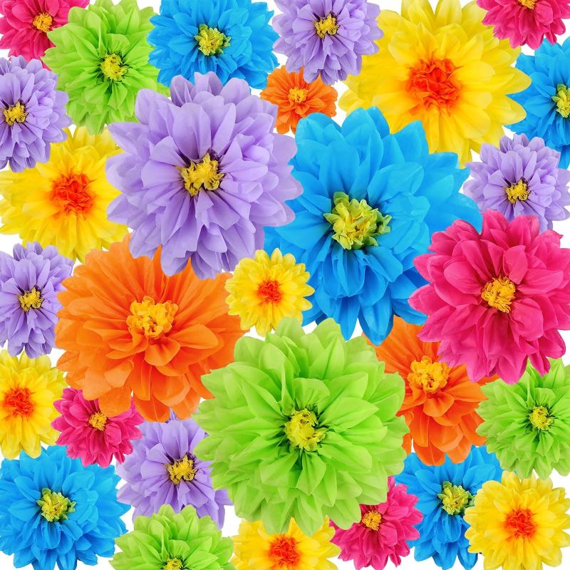 Photo 1 of 18 Pcs Mexican Paper Flowers Colorful Fiesta Tissue Paper Flowers Pom Poms Mexican Carnival Paper Flowers for Floral Party Backdrop Wedding Birthday Party Craft, 6" 8" 10" (Bright Color)
