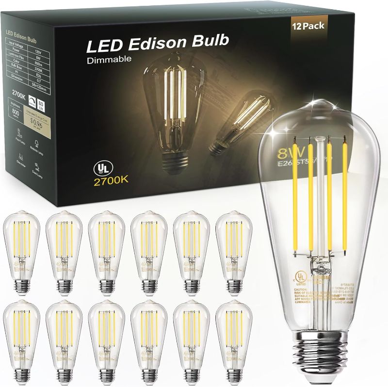 Photo 1 of 12 Pack Vintage 8W ST58 LED Edison Light Bulbs 60W Equivalent, 800Lumens, 2700K Warm White, Dimmable, E26 Base LED Filament Bulbs, CRI80+, Antique Glass Style for Home, Bedroom, Office, Farmhouse
