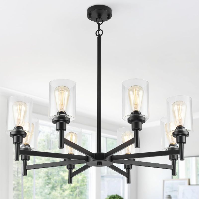 Photo 1 of Black Chandeliers for Dining Room Light Fixture, Modern Farmhouse Chandeliers, 8 Lights with Clear Glass Shade Industrial Chandelier for Living Room Kitchen Island
