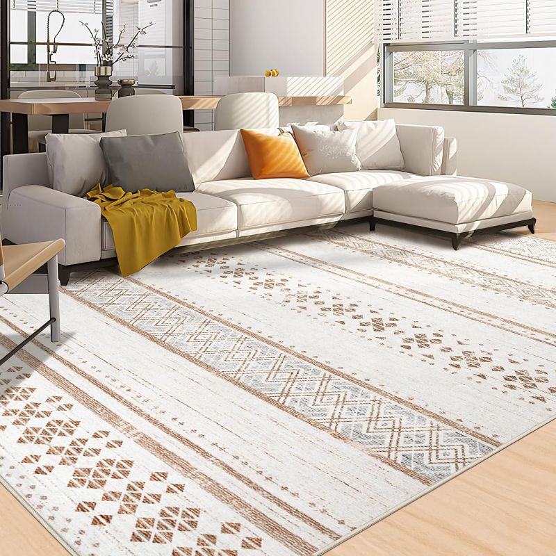 Photo 1 of BESTSWEETIE 9x12 Area Rug Washable 9x12 Rug Area Rugs Moroccan Farmhouse Neutral Geometric 9x12 Rug for Living Room Bedroom Low Pile Water Repellent Non-Slip Ultra Soft Faux Wool Cream/Brown
