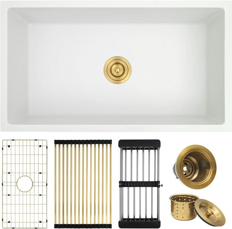 Photo 1 of 32×18 inch White Kitchen Sink, Undermount Single Bowl Granite Stone Kitchen Sink in White with Accessories, 10'' Depth White Sink Kitchen,...

