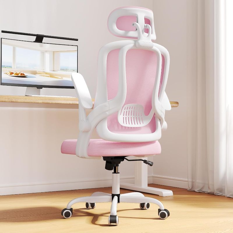 Photo 1 of **similar to cover photo** 
Ergonomic Mesh Office Chair, High Back Home Desk Chair with Flip-up 3D Armrests, Lumbar Support, Adjustable Headrest, Swivel Computer Task Chair for Home, Office, Work, Student, Pink
