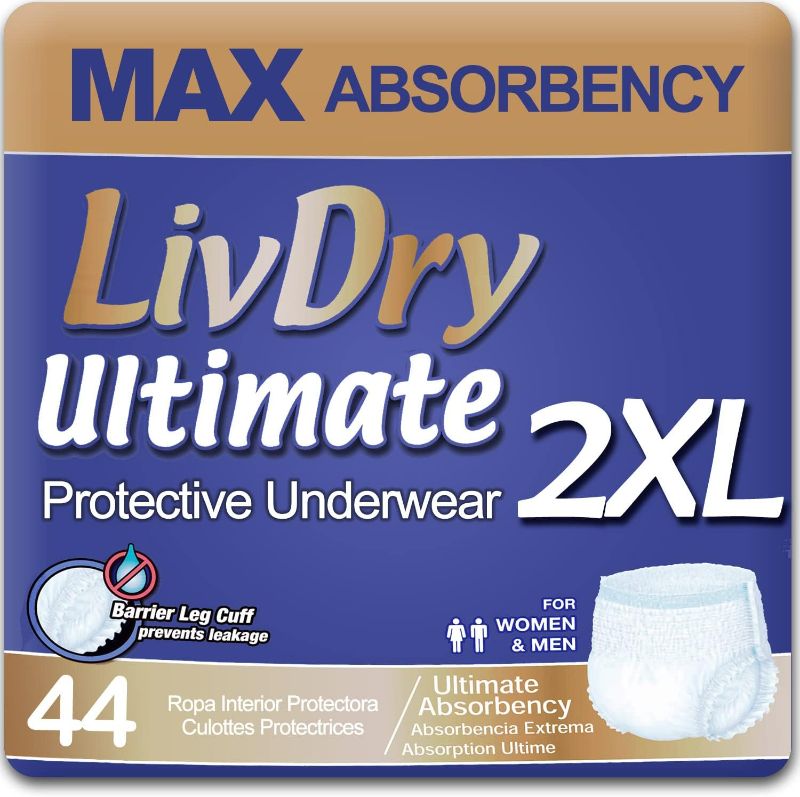 Photo 1 of (4 bags) LivDry Ultimate XXL Adult Incontinence Underwear, High Absorbency, Leak Cuff Protection, XX-Large, 11-Pack 2X-Large (11 Count)