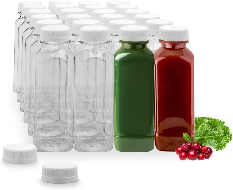 Photo 1 of 12 Ounce Juice Bottles, 100 Disposable Clear Bottles With Caps - White Plastic Caps Included, Square, Clear Plastic Bottles For Juicing, Perfect For Juice Shops, Cafes And More - Restaurantware
