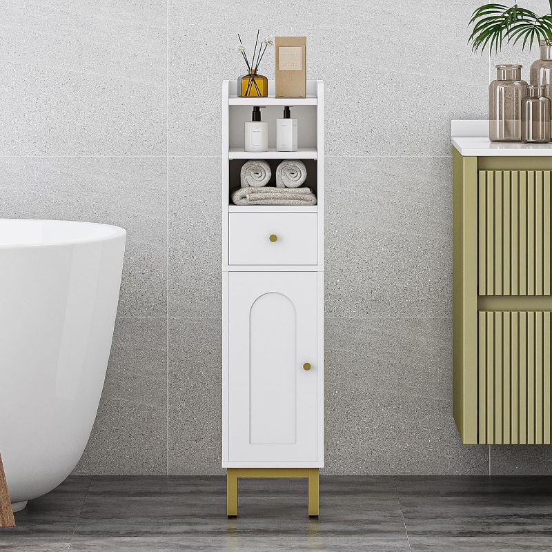 Photo 1 of Bathroom Storage Cabinet, Corner Floor Cabinet with Drawers and Doors, Narrow Toilet Paper Cabinet, Bathroom Organizer with Adjustable Shelf, for Small Spaces, White BC19803G
