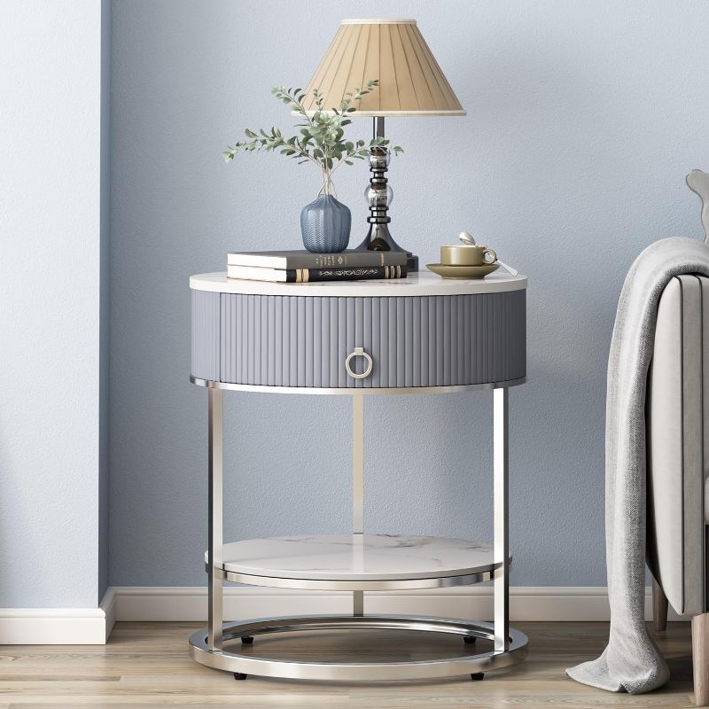 Photo 1 of OIOG Modern End Table with Drawer, 2 Tier Side Table with Shelf, Round Nightstand with Sintered Stone Tabletop and Chrome Legs for Living Room, Bedroom, Home Office, Dorm, Silver***end table is black not silver***
